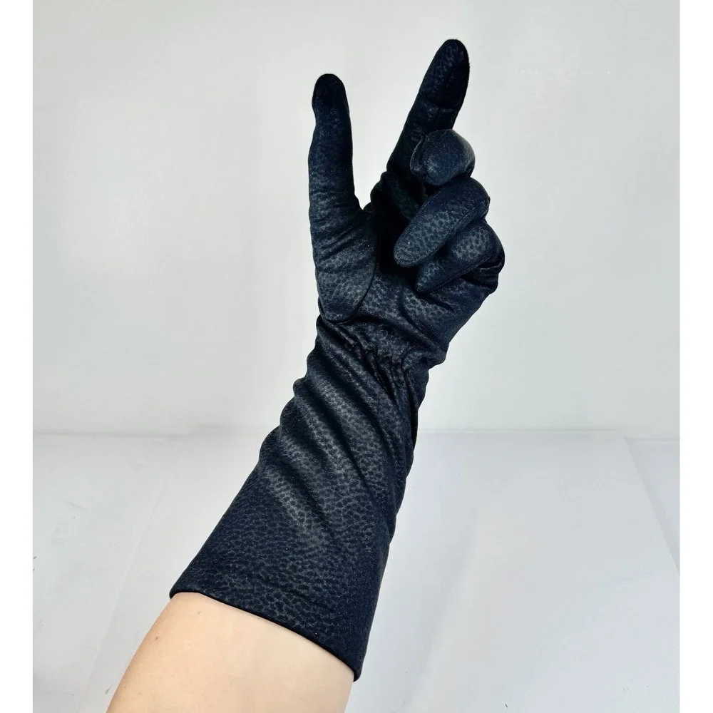 VTG 1950s Black Leopard Nylon Long Dress Gloves Size B Made In USA Opera Evening